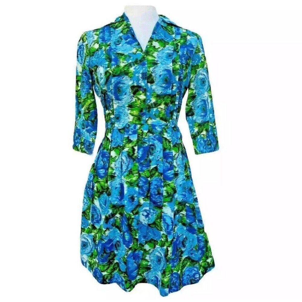 Newport News Dress Women 12 Blue Green Watercolor 3/4 Sleeve Retro Office Shower